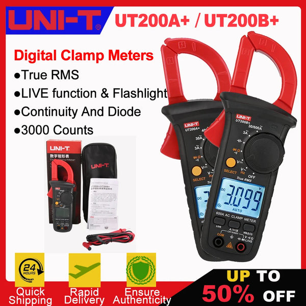 Red and black UNI-T UT200A+/UT200B+ digital clamp meters for electrical testing