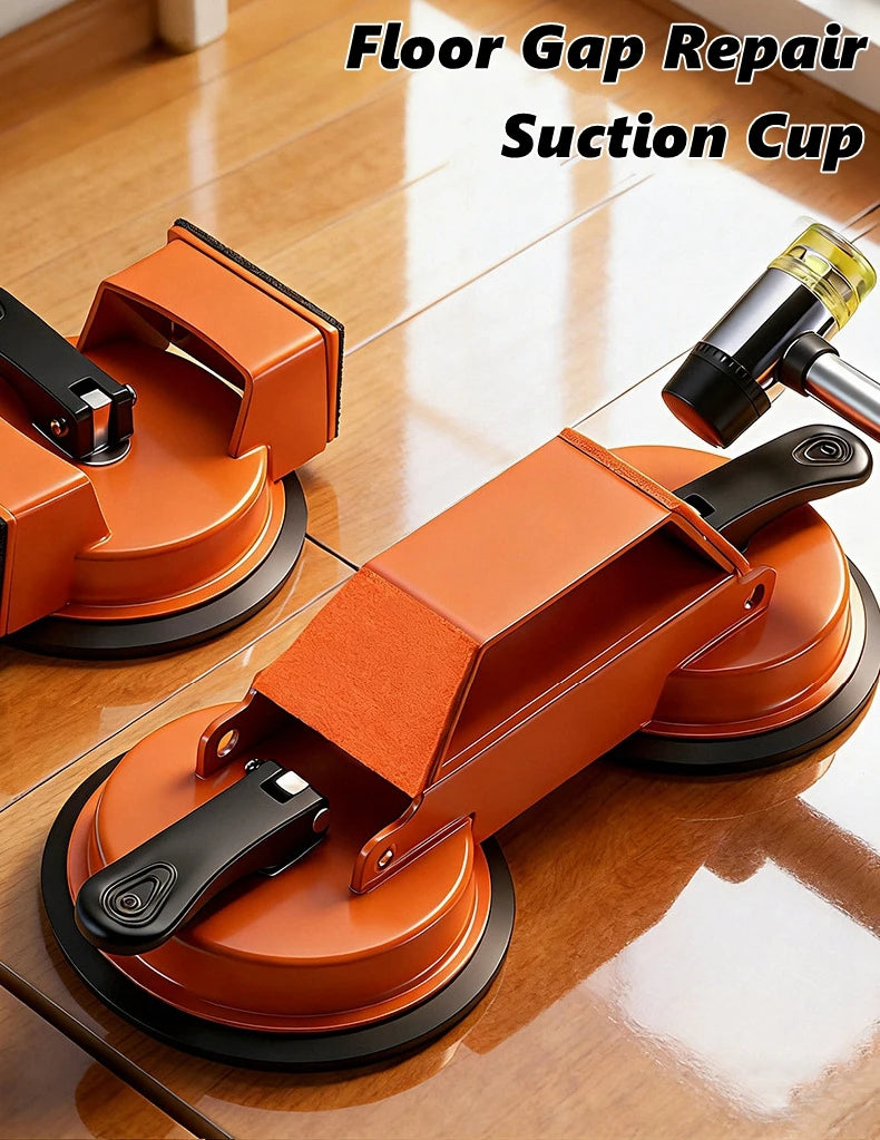 An orange floor gap repair tool with suction cups is shown on a wooden floor.
