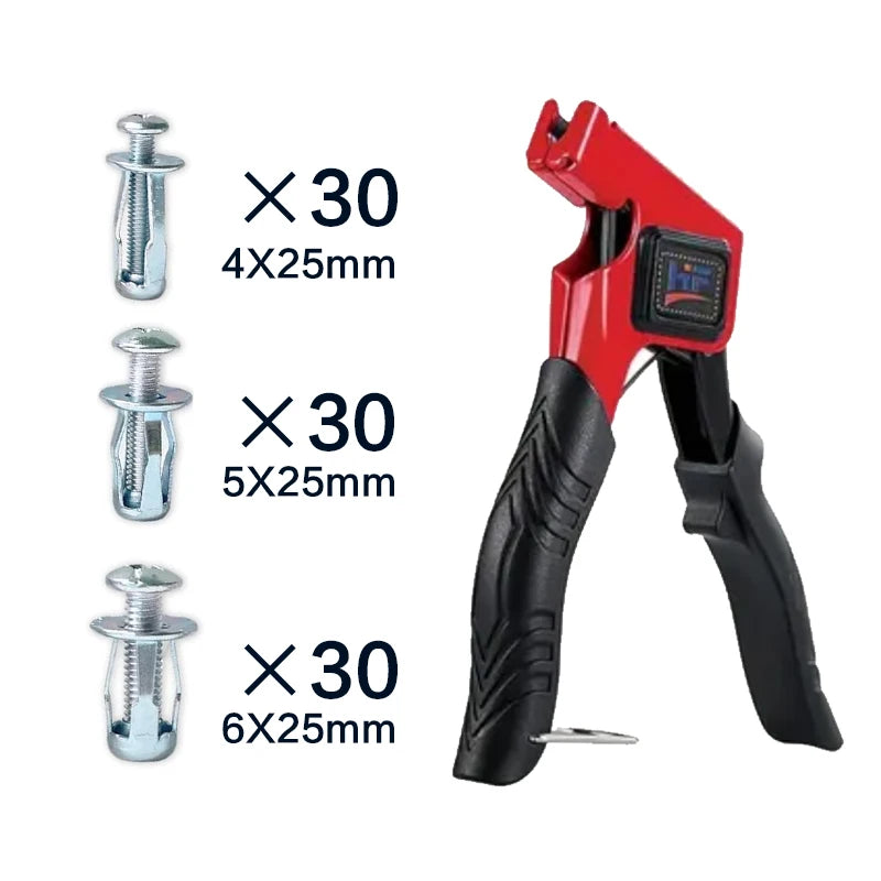 A red expansion screw kit showing three sizes of metal screws: 4x25mm, 5x25mm, and 6x25mm.