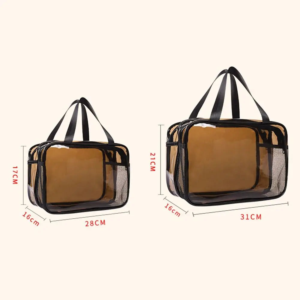 Transparente Kosmetiktasche mit schwarzem Zierrand und Henkel, obenansicht.