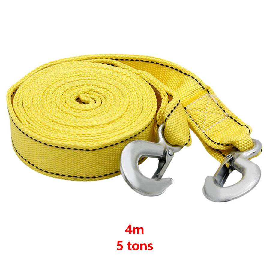Yellow heavy duty towing rope coiled and attached to a metal hook for car towing