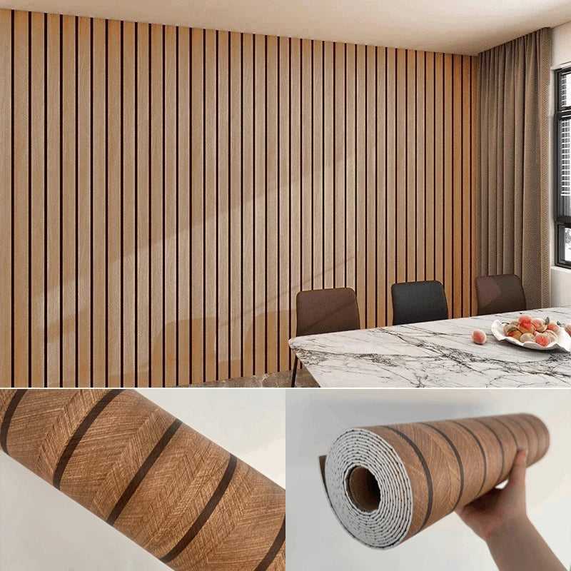 Close-up view of thick wood grain self-adhesive wall decals installed vertically on a light-colored wall.