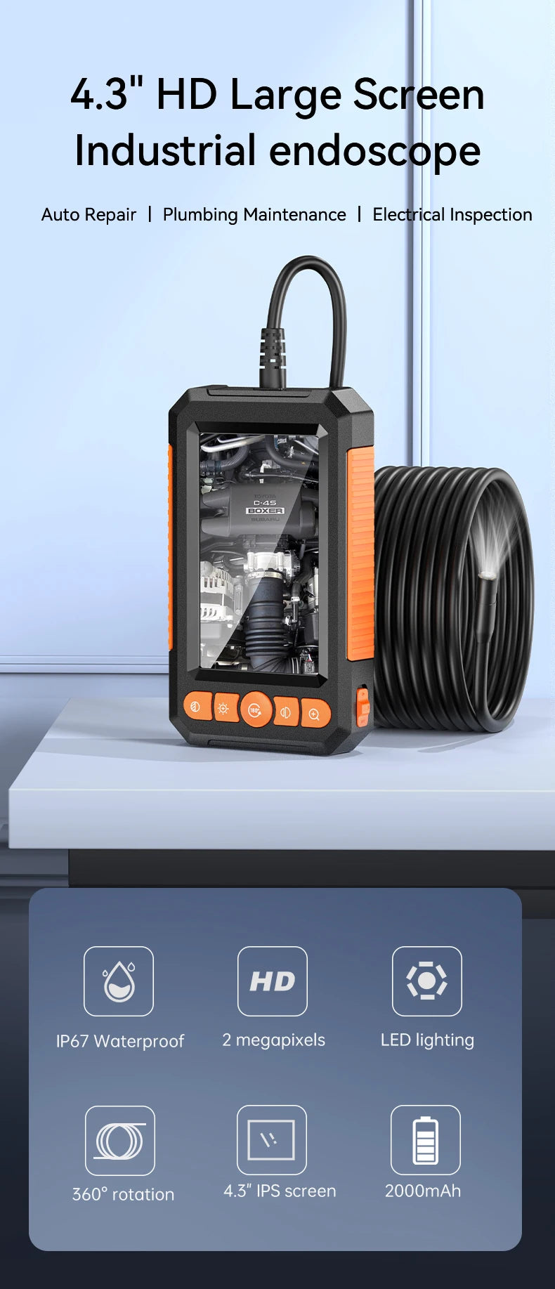 A black 4.3-inch HD industrial endoscope with a flexible cable and a coiled battery is displayed on a white surface.