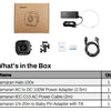 Box contents list showing an amaran Halo 100x light, AC to DC power adapter, and an IEC AC power cable.