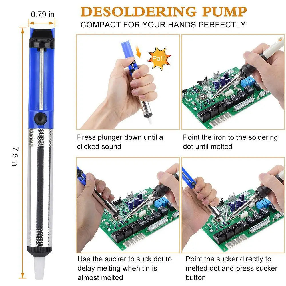 Pompe à souder bleue avec instructions pour faire fondre du soudure sur une carte de circuit