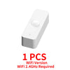 A white smart WiFi version motion detector device with a round lens on top.