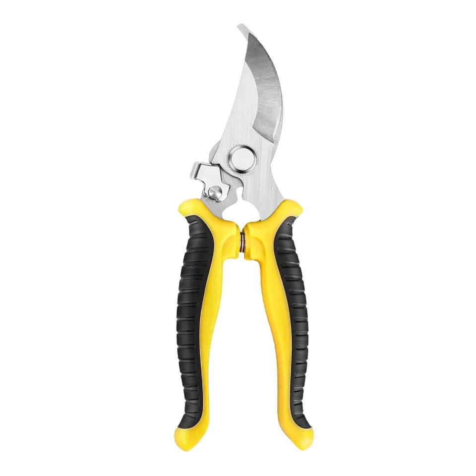 A set of three stainless steel gardening tools with yellow handles and a silver blade.