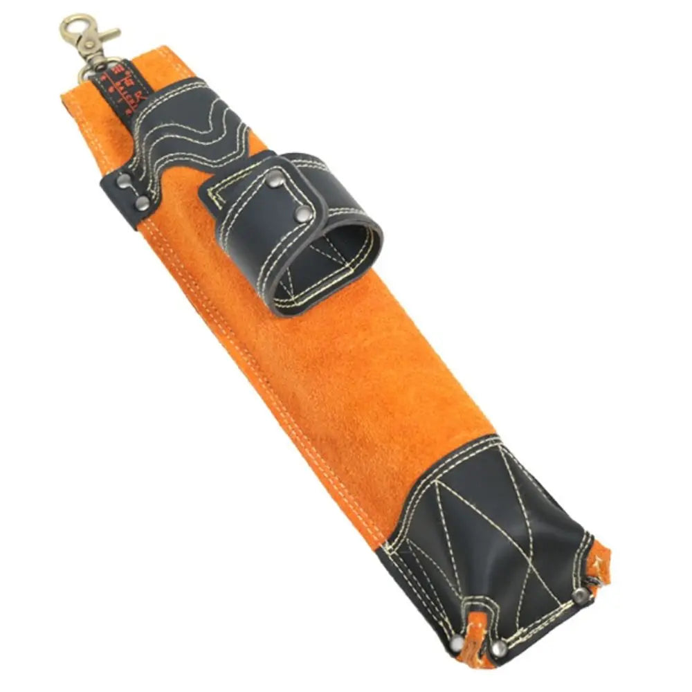 Bolsa resistente de almacenamiento para varilla de soldar naranja y negra con gancho metálico.