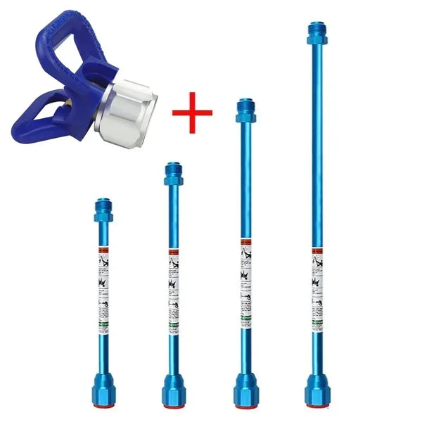 A professional paint sprayer gun extension rod in blue and silver with a red plus sign.
