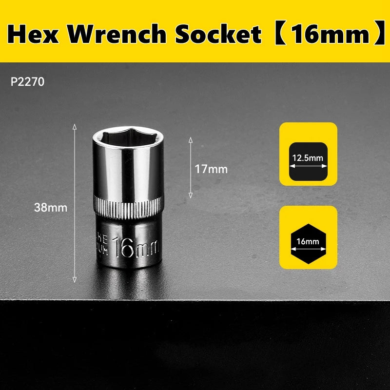 A silver hex wrench socket with a 16mm drive size is shown against a dark background.