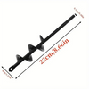 A black garden auger spiral drill bit shown with various length measurements.