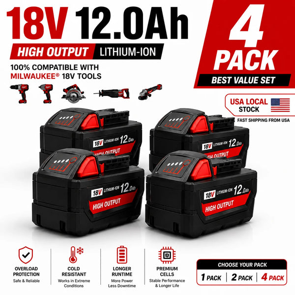Four 18V 12.0Ah Lithium-ion battery packs for Milwaukee tools with overload protection.