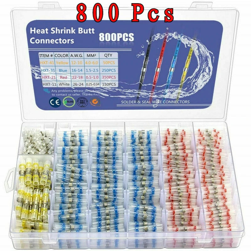 A clear plastic box contains 800 heat shrink butt connectors in various colors and gauges for soldering wire connections.