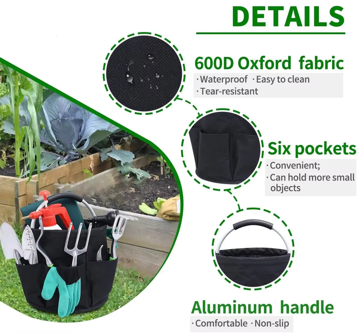 Black fabric storage basket with six pockets and an aluminum handle shown in a garden setting