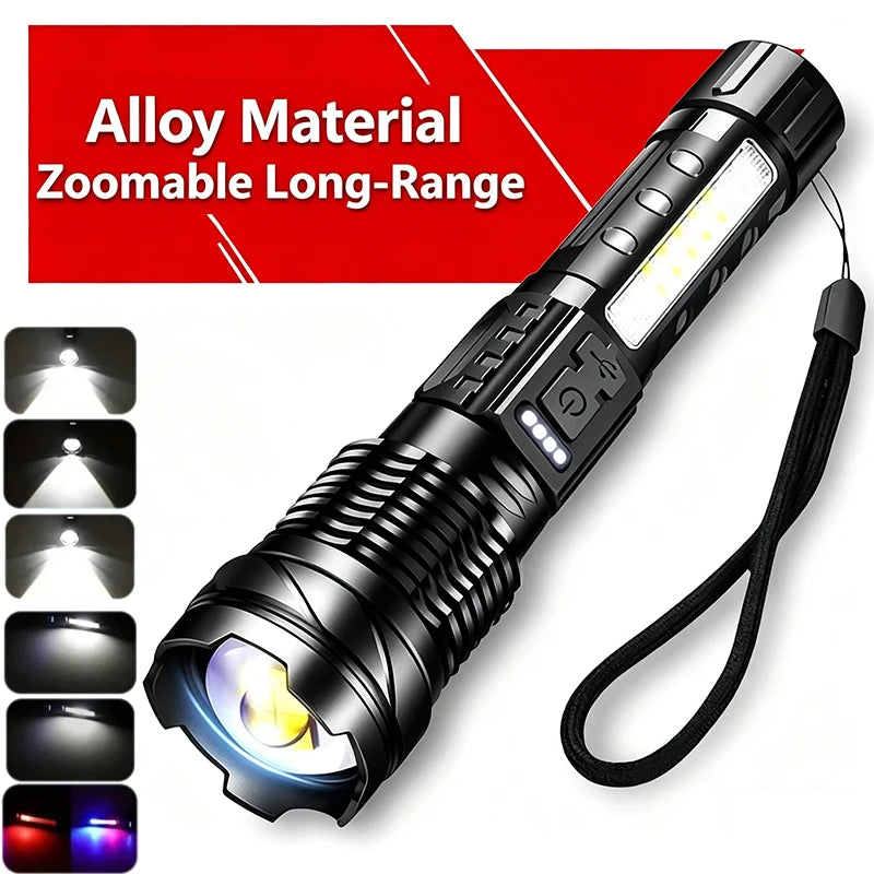An alloy material zoomable long-range flashlight with a digital display and flexible cord.