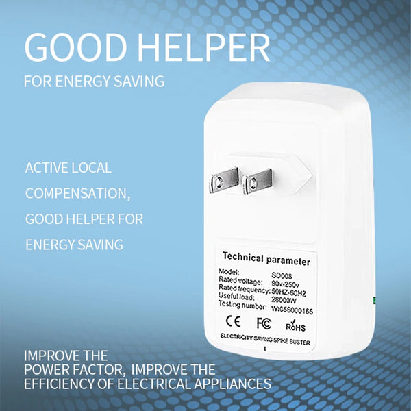 A white power adapter labeled Good Helper for energy saving with technical parameters visible.