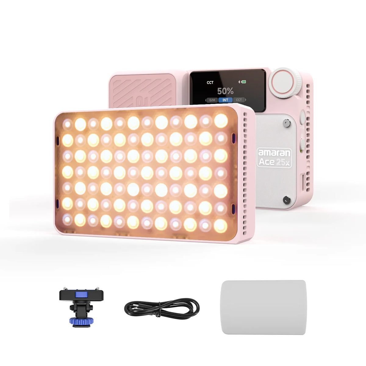 A pink and white compact LED light kit with a rectangular panel and a separate battery/accessory.