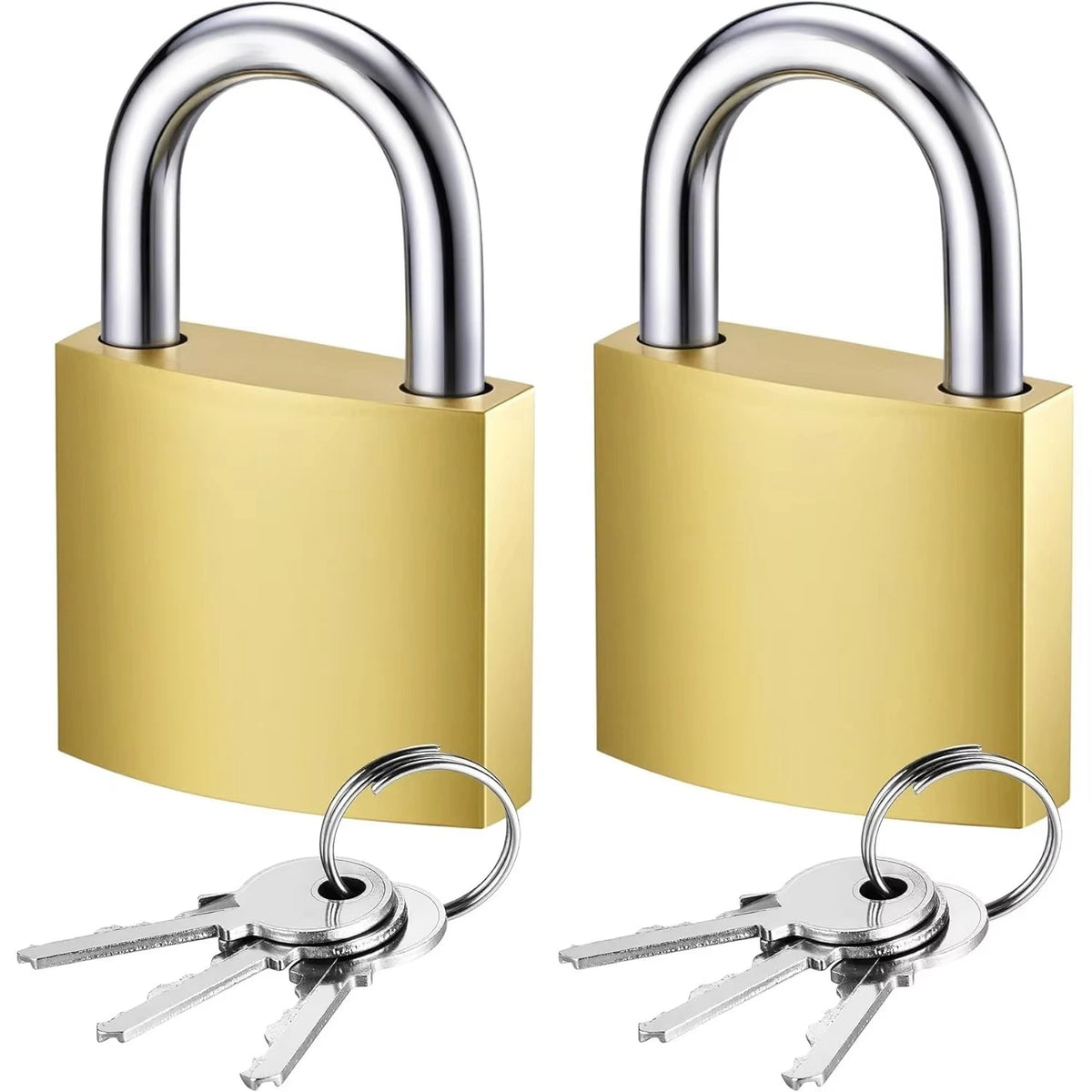 A pair of brass-colored padlocks with silver shackle and keys shown side by side.