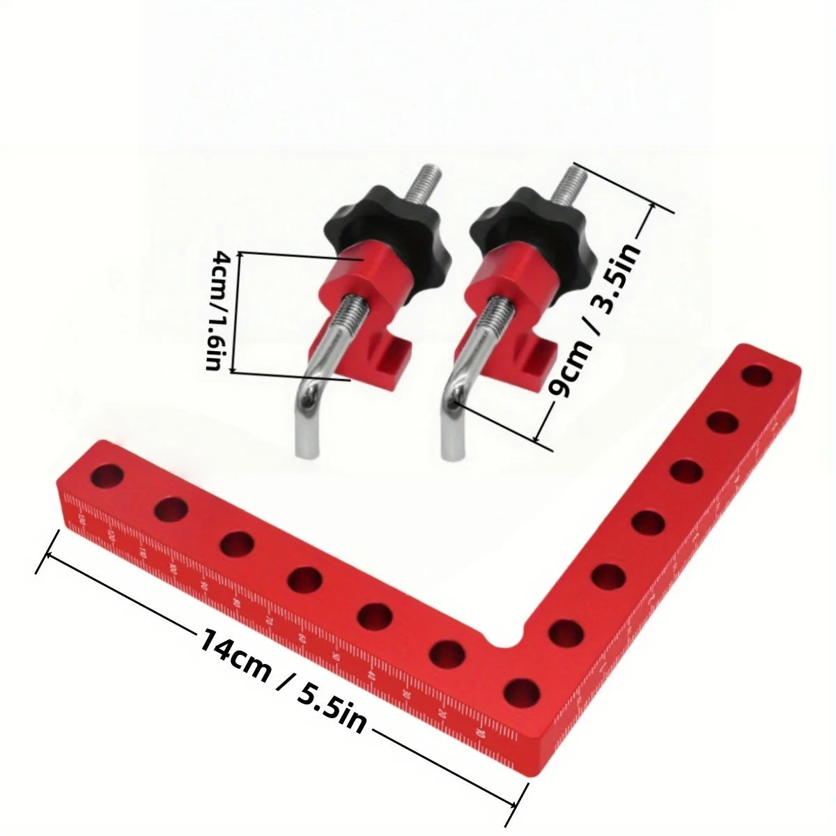 A precision woodworking right angle clamp in red, featuring two adjustable metal clamps and a measuring ruler.