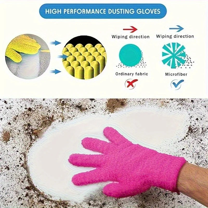A hand wearing bright pink dusting gloves is shown cleaning white surface covered in dust.