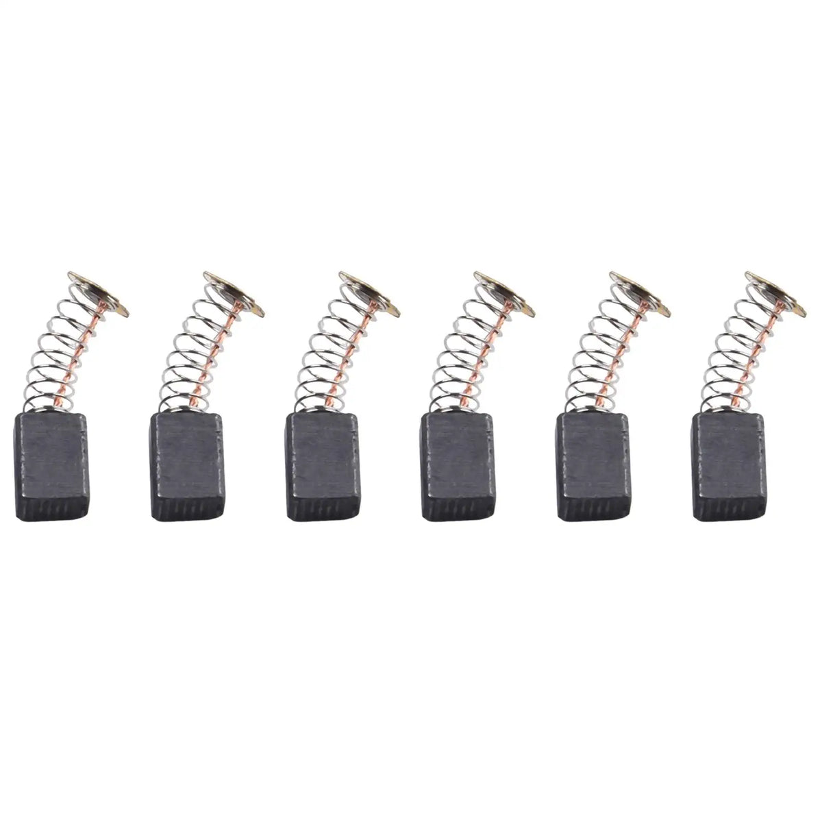 A set of carbon brushes with coiled springs and black holders for power tools.