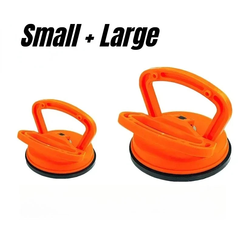 Two orange heavy-duty suction cup dent pullers, small and large sizes.