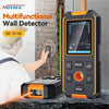 A handheld multifunctional wall detector device is shown next to a brick wall, demonstrating its use for wall detection.