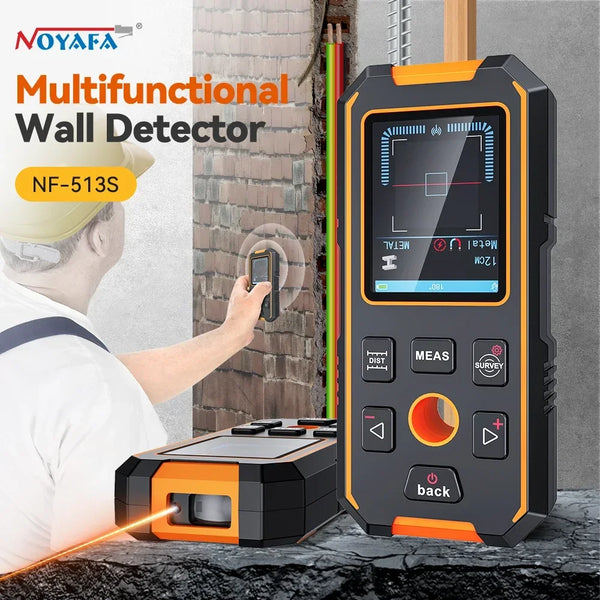 A handheld multifunctional wall detector device is shown next to a brick wall, demonstrating its use for wall detection.