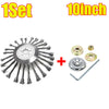 A set of 10 inch precision wire brush trimmer heads and related tools for lawn and garden maintenance.
