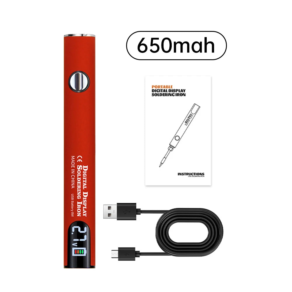 Un fer à souder rouge avec écran numérique et cordon d'alimentation, à côté de ses instructions.