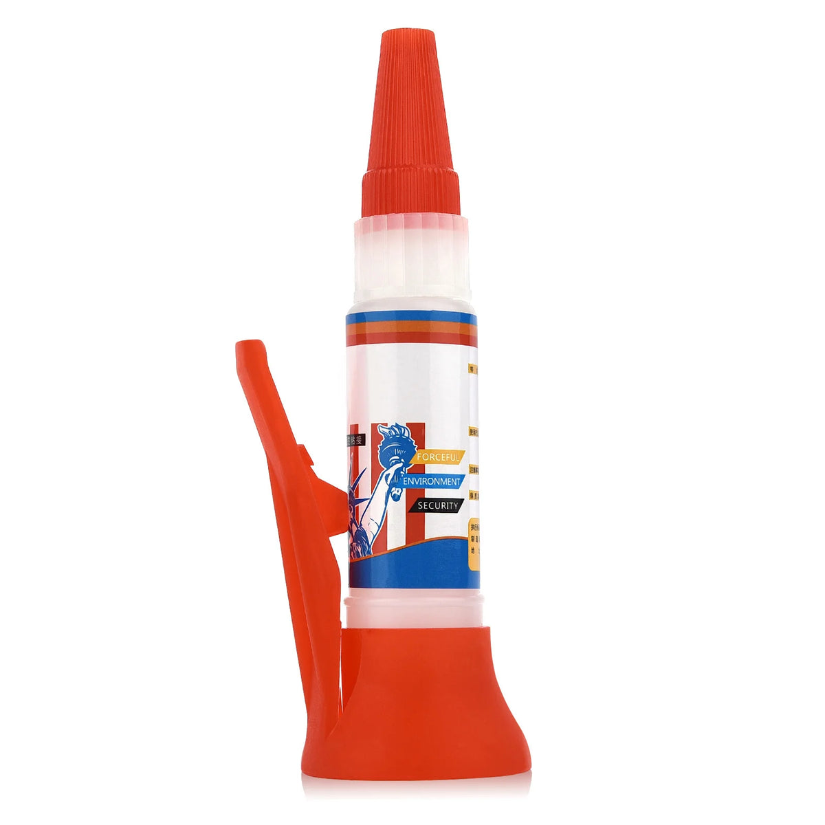 Bouteille orange d'adhésif pour réparer les chaussures universel avec un bouchon rouge et une étiquette blanche