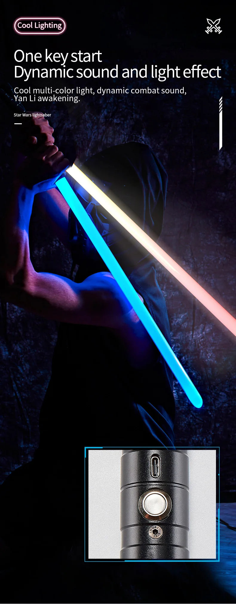 A person wielding a glowing blue lightsaber, demonstrating dynamic light and sound effects.