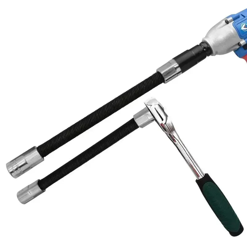 A set of three flexible socket extension bars with black and silver components.