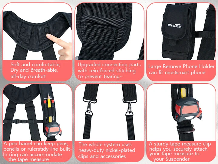 Various views of heavy-duty tool belt suspenders and a phone holder accessory.