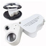 A white foldable LED magnifier is shown with its protective cover and a clear lens for jewelry and coin inspection.