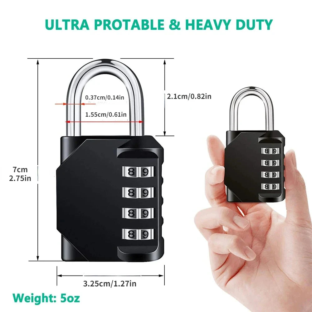 A black heavy duty combination padlock is shown next to a hand, illustrating its size and weight.