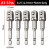Five grey 1/2 inch socket adapters with a 73mm length and 6.35mm diameter.