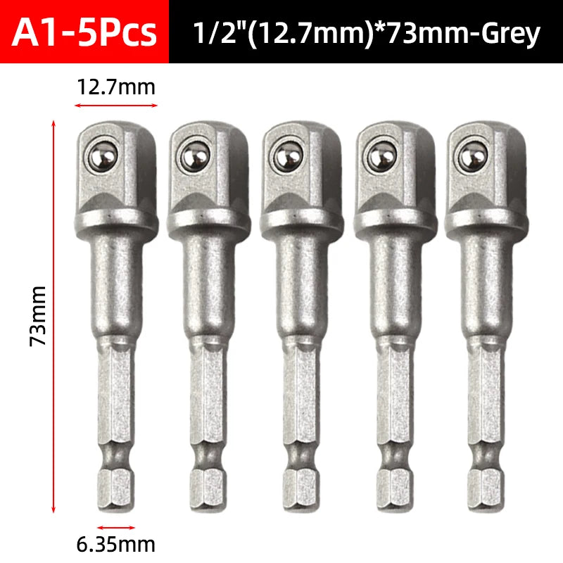 Five grey 1/2 inch socket adapters with a 73mm length and 6.35mm diameter.