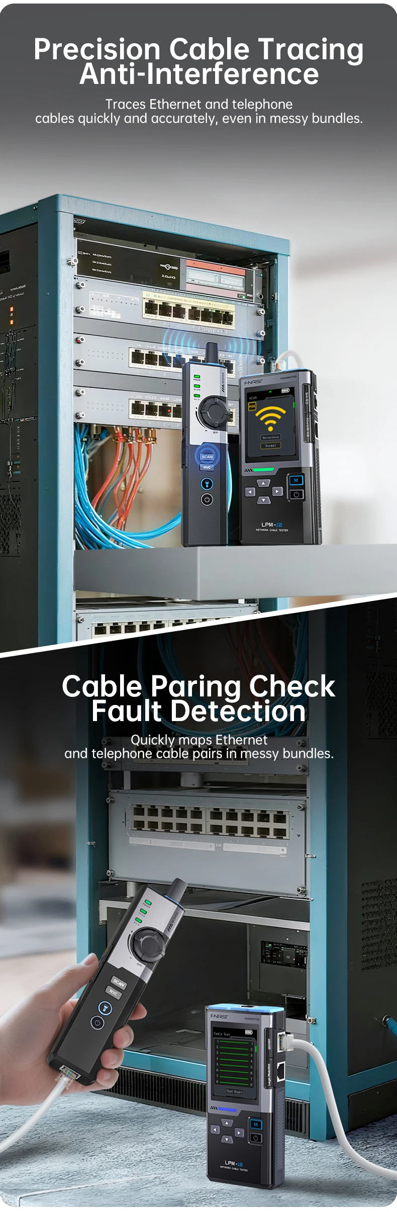 A professional network cable tester is shown inside a teal enclosure, demonstrating precision cable tracing and fault detecti