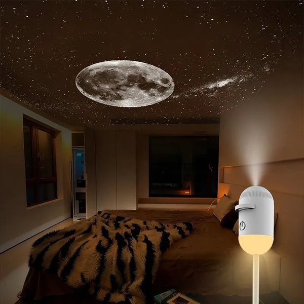 A white Galaxy Star Projector night light illuminates a room with a large moon projected onto the ceiling.