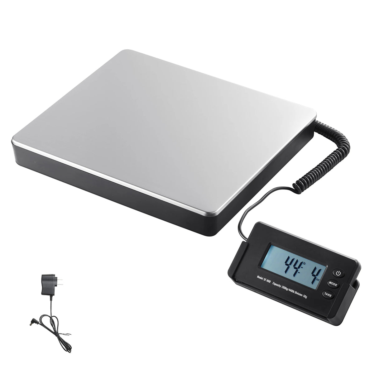 A digital shipping scale with a black base and a handheld display showing 44.4 kg.