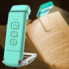 A teal rechargeable book light is shown next to an open book, highlighting its design and function.