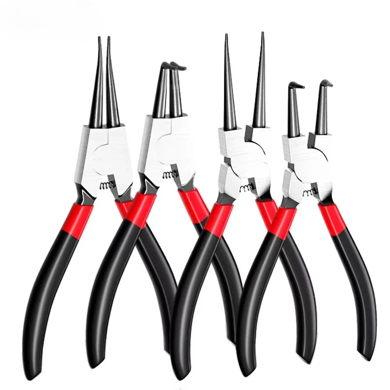 A set of precision circlip and retaining ring pliers with black handles and white jaws.