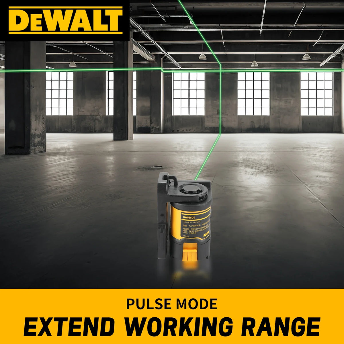 A yellow Dewalt pulse mode laser level tool is shown in a construction environment with green laser lines.