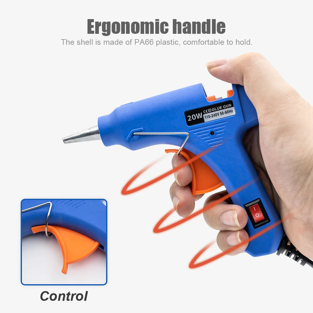 A hand holds a blue hot melt glue gun with an ergonomic handle, demonstrating the control mechanism.
