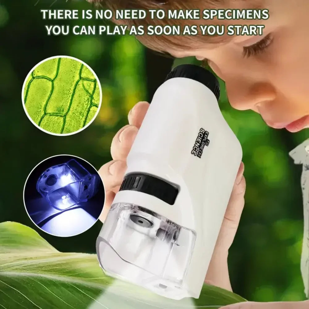 A child is holding a white handheld educational microscope, demonstrating its use on a green leaf.