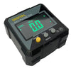 A digital inclinometer device with a black casing and an LCD screen displaying 0.0 degrees.