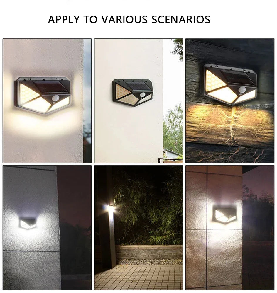 A solar motion sensor security light fixture installed on various exterior surfaces, including walls and landscaping.