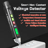 A black digital non-contact voltage detector pen is shown next to a white electrical outlet.