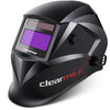A black auto darkening welding helmet with a purple lens and clearmax branding.